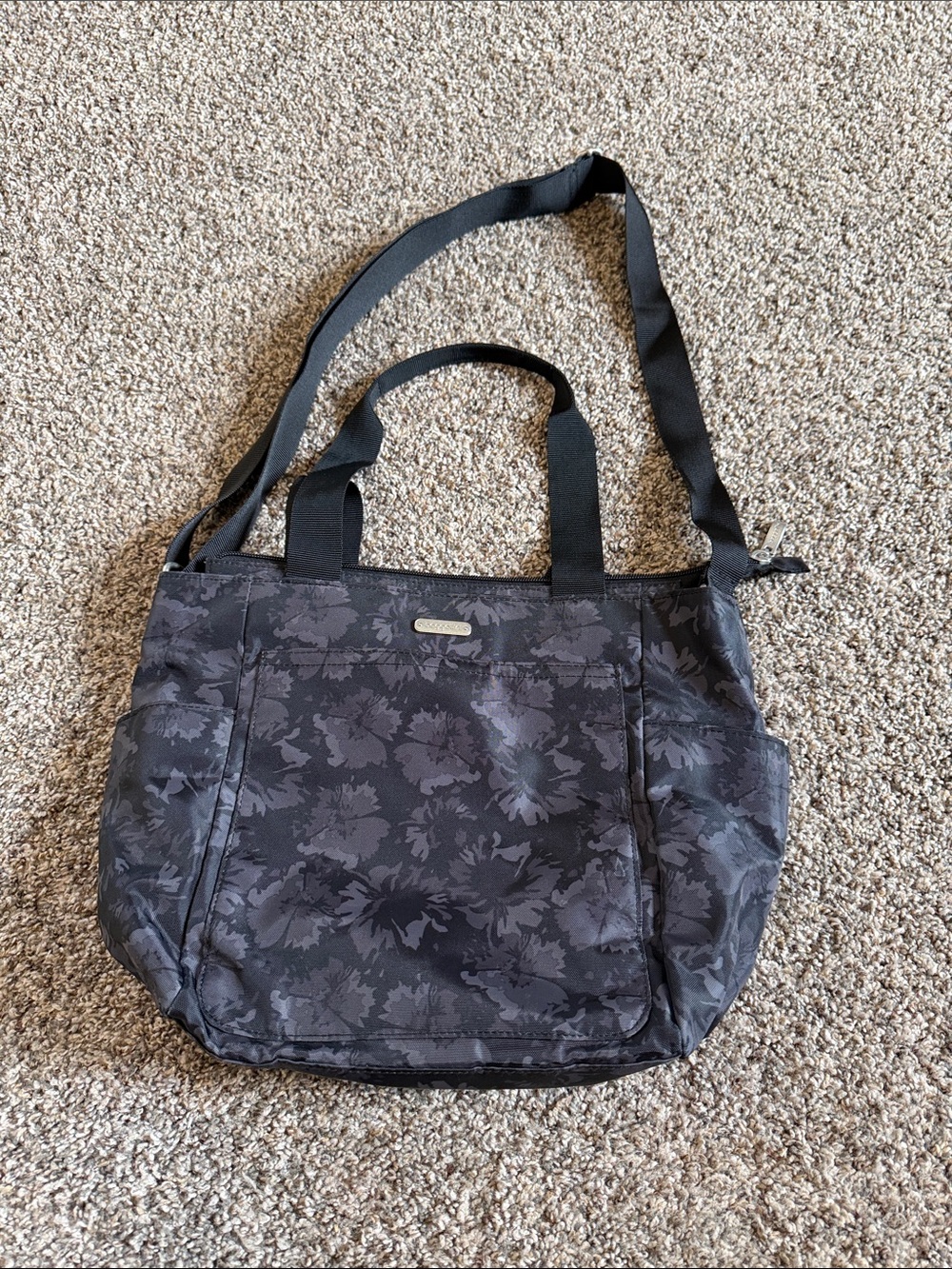 Baggallini Get Carried Away Black Floral-Print Tote Bag- See interior stains